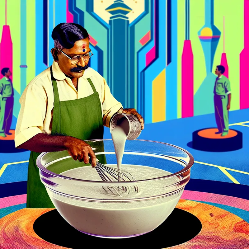 Een werker voegt water toe aan cement in een grote glazen kom op een futuristische bouwplaats.