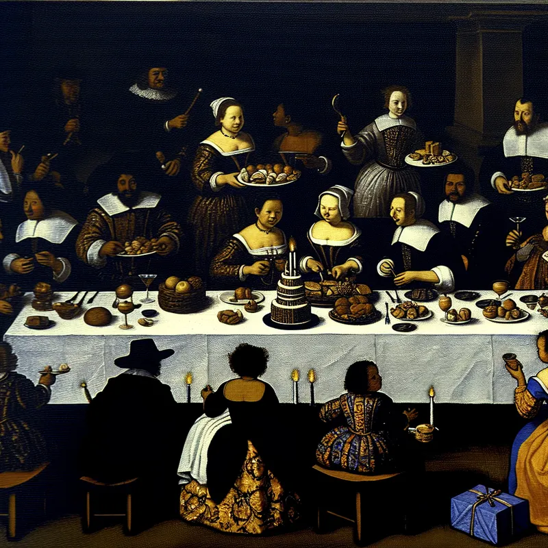 Een elegant feest in een sfeervol verlichte kamer met een gedekte tafel en feestende gasten