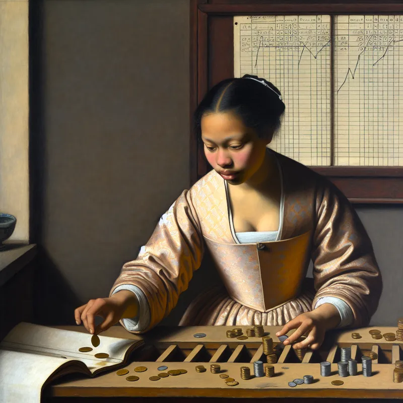 Jonge vrouw telt zorgvuldig een groeiende stapel munten aan een houten tafel, met een subtiele uitdrukking van bezorgdheid, terwijl een kasboek en grafiek met stijgende lijn het concept van toenemende intensiteit of frequentie illustreren