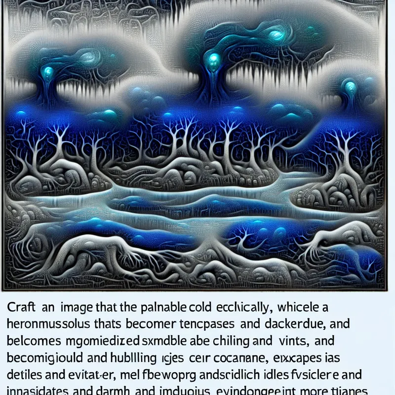 Surrealistisch landschap in de stijl van Jheronimus Bosch dat de toenemende kou visueel weergeeft met ijzige wolken, bevriezende rivieren en bibberende hybride wezens