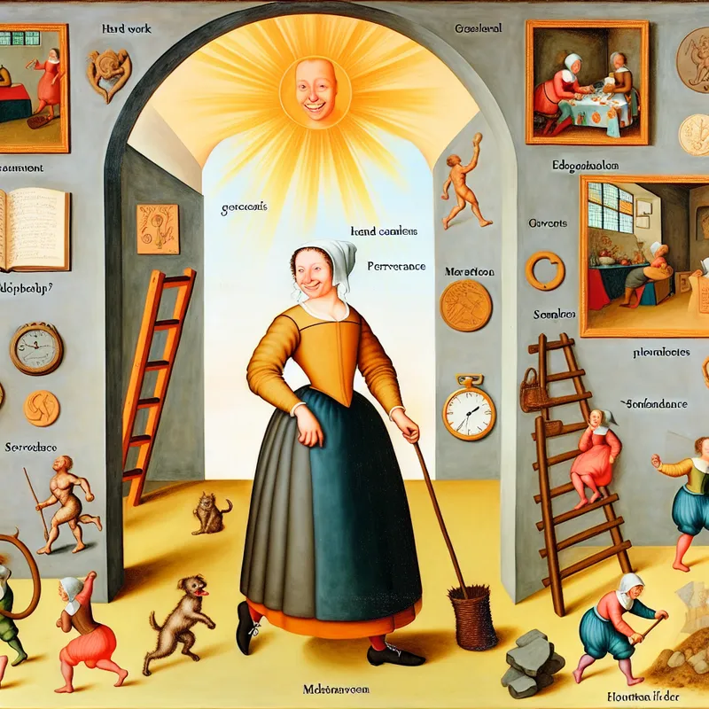 Vrolijke vrouw in zonnige kamer omringd door symbolen van hard werken en doorzettingsvermogen, illustratie van succes toeschrijven aan eigen inspanningen