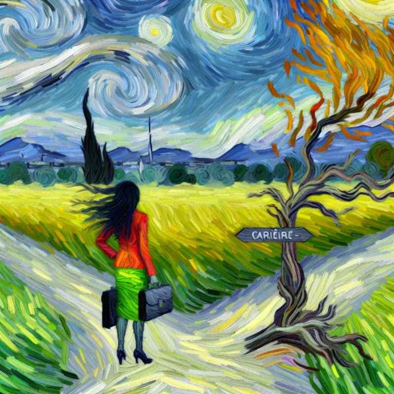 Persoon bij kruispunt in Van Gogh-stijl met zwierige penseelstreken, symboliserend een levensveranderende keuze tussen carrière en nieuwe toestand