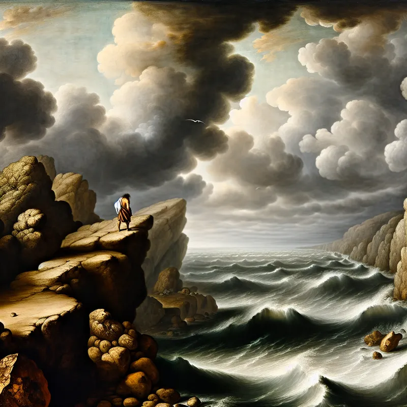 Eenzame figuur op rotsklif met stormachtige zee en dramatische lucht, symboliserend financiële moeilijkheden en veerkracht