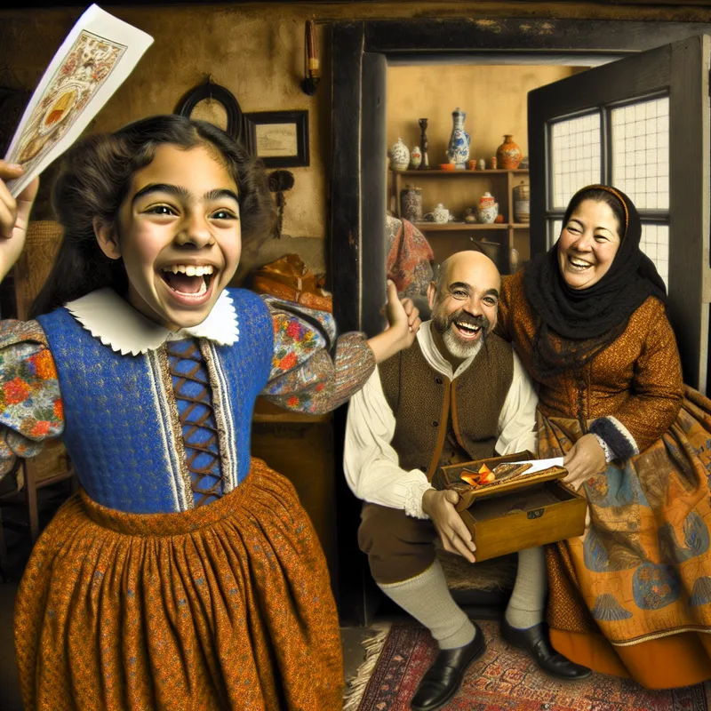 Een jonge meid in een gezellige woonkamer houdt een briefje vast met blijdschap, terwijl haar ouders naar haar glimlachen.