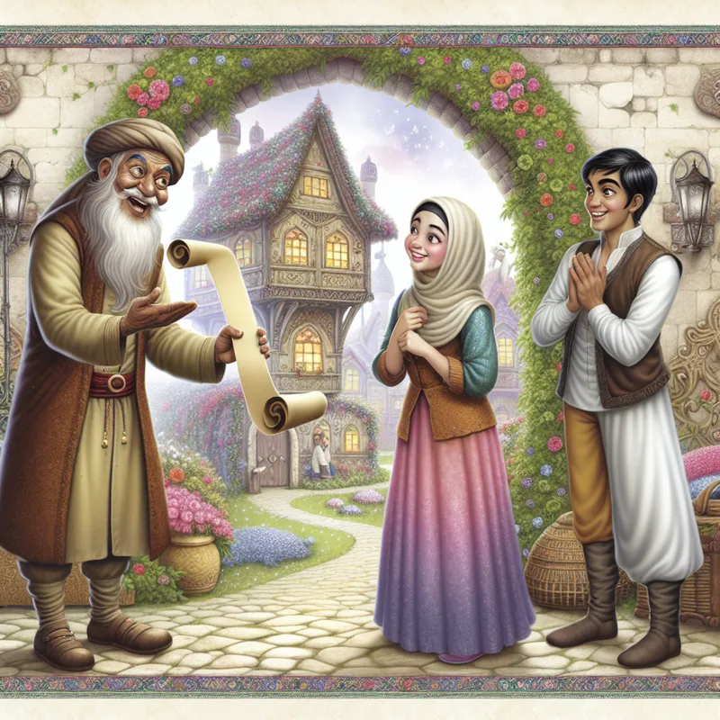 Een vriendelijke oudere man geeft toestemming aan een jong stel bij de ingang van een sprookjesachtige tuin.