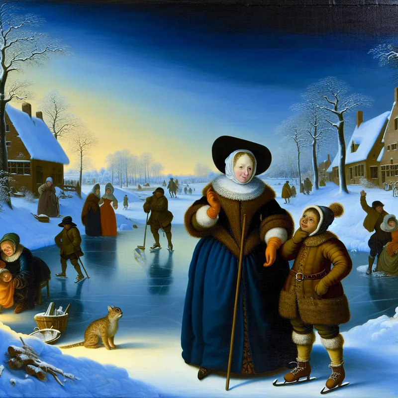 17e-eeuwse Nederlandse wintertafereel met ouder en kind bij een bevroren kanaal, waarbij de ouder met tegenzin toestemming geeft voor nog één uur spelen