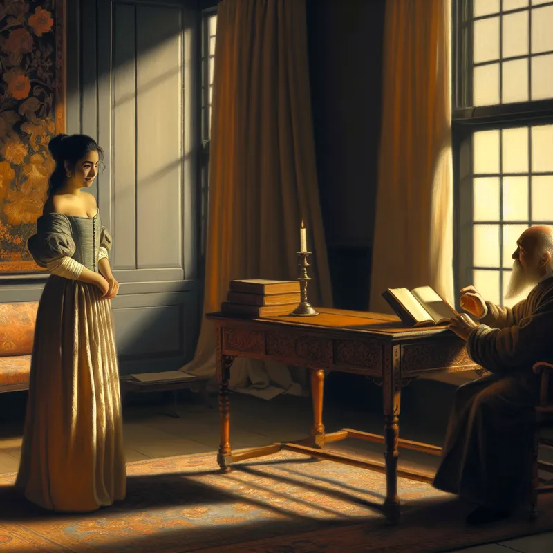 Een jonge vrouw vraagt beleefd een oudere man om toestemming om een boek te lenen.