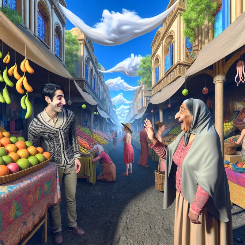 Een hyperrealistisch tafereel van een druk buitenmarkt waar een man en een oudere vrouw elkaar toevallig herkennen, omringd door kleurrijke stalletjes met fruit en bloemen.