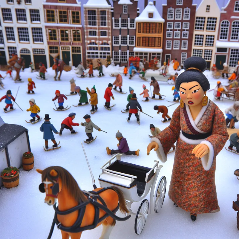 Vrolijke winterse stadsplein-scène in Nederlandse stijl met verraste persoon die per toeval een vrije parkeerplek vindt naast een paard-en-wagen