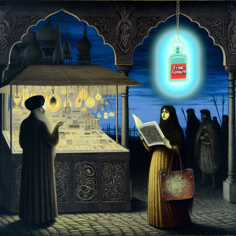 Surrealistisch marktkraampje bij schemering met zwevend gratis monster en toevallige aanwezigheid van een sleutelhanger aan een handtas, geïnspireerd op Félicien Rops