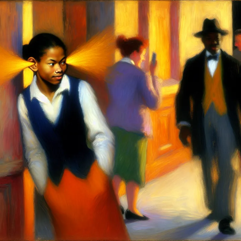 Persoon die toevallig een gesprek afluistert in een levendige gang, met nadruk op het horen van geluiden