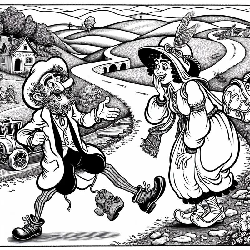 Reiziger met verraste blik botst toevallig op oude vriend tijdens wandeling in nostalgisch cartoonlandschap