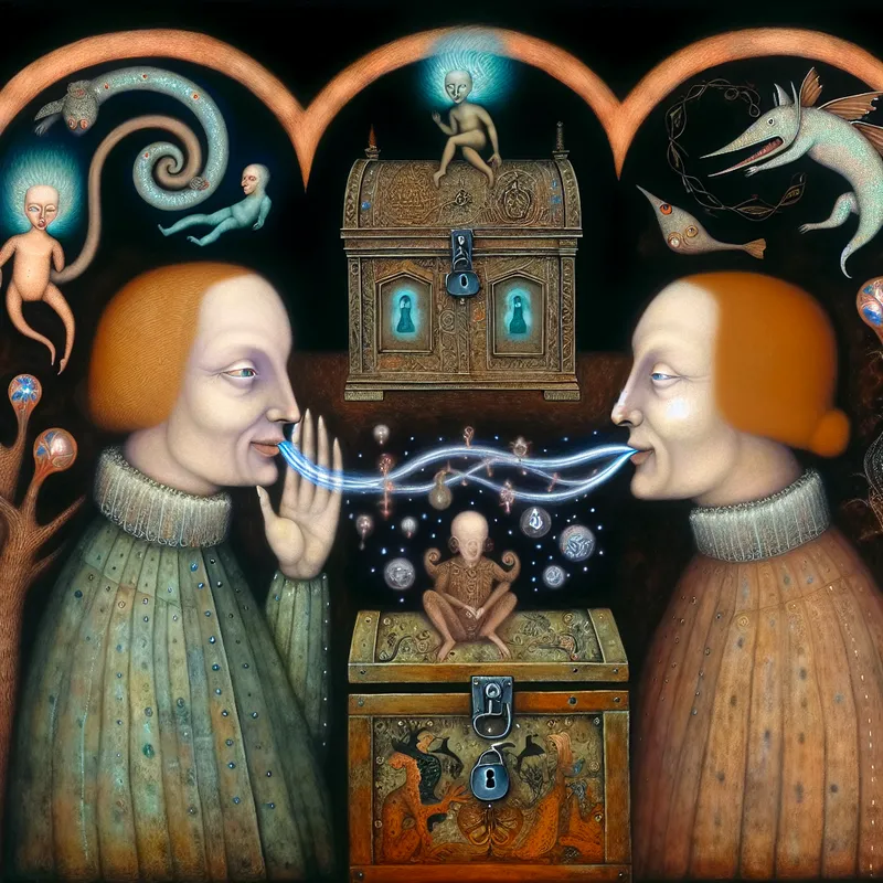 Surrealistisch tafereel van twee vrouwen die een geheim delen, met gloeiende draden als symbolische vertrouwelijke boodschap in de stijl van Jheronimus Bosch
