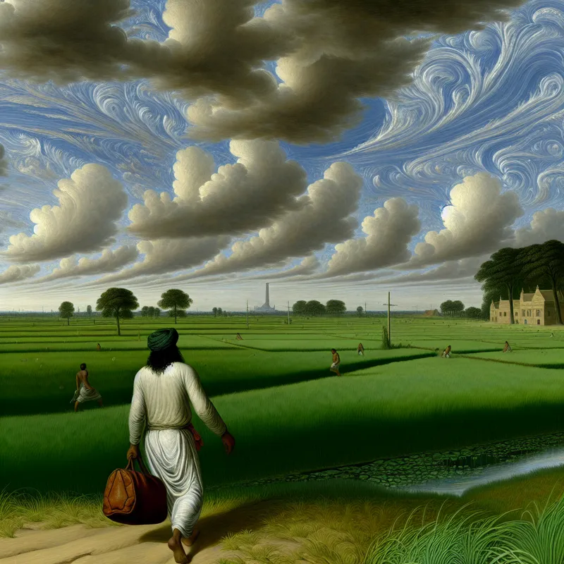 Een persoon met een leren tas wandelt door een groene weide naar een gebouw onder een dramatische lucht met zwervende wolken.