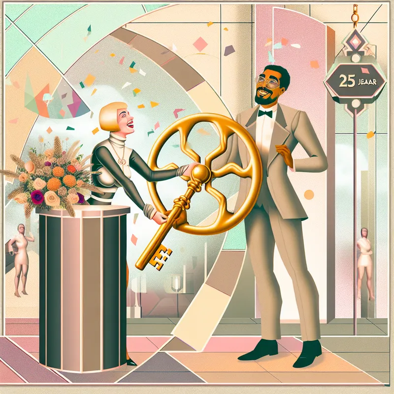 Retro-futuristische illustratie van een directeur die een gouden sleutel overhandigt aan een trotse medewerker bij een 25-jarig jubileum in een modern kantoor met confetti en bloemen