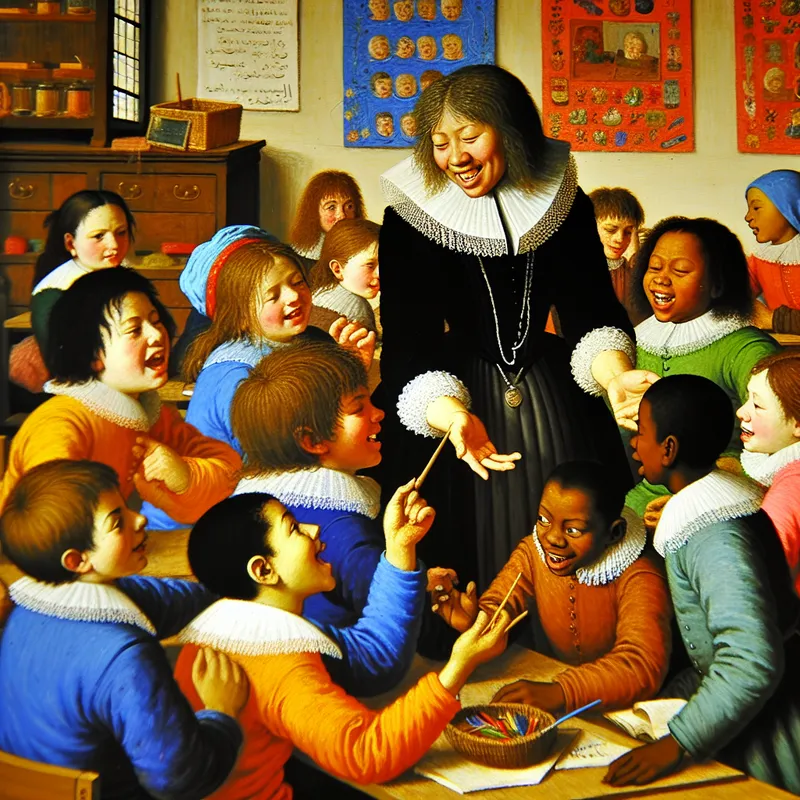 Een leraar wijst studenten toe aan verschillende groepen in een levendige klaslokaal vol kleur en enthousiasme.