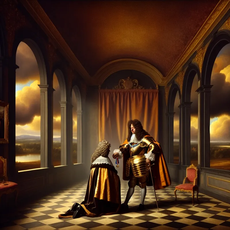 17e-eeuwse Nederlandse ceremonie waarin een koning een ridder een medaille toewijst in een weelderige zaal met dramatische luchten