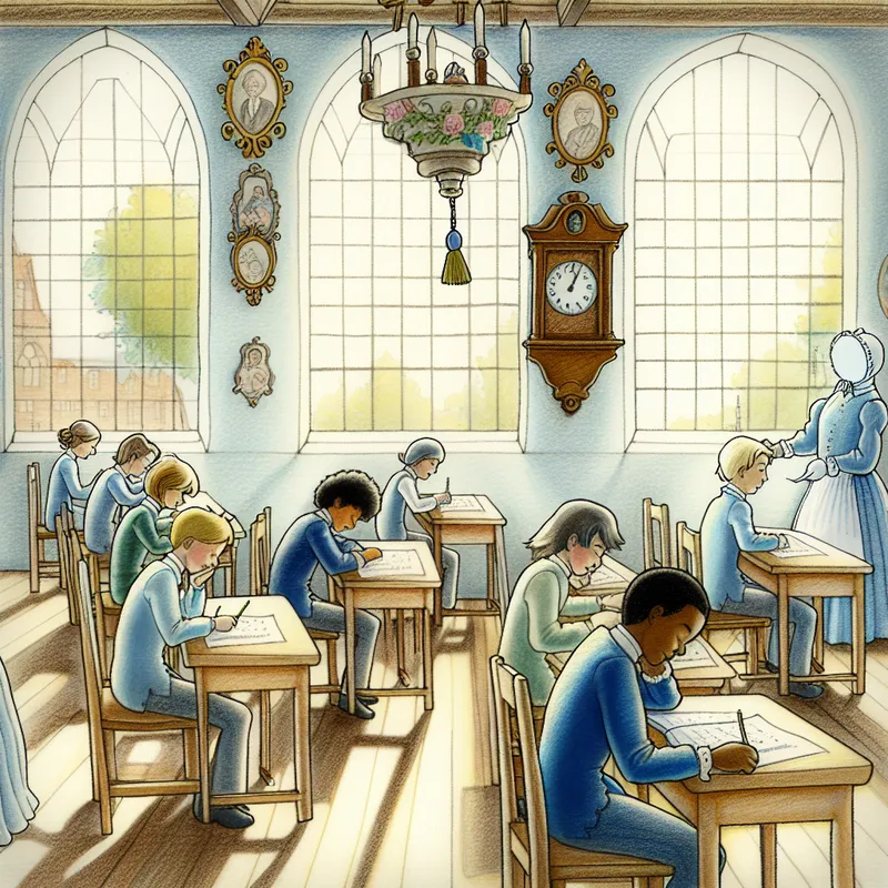 Scholen monitor houdt toezicht op studenten tijdens een examen in een sfeervolle, nostalgische klas.