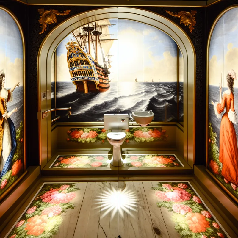 Elegant toilet facility ('toiletbak') on a boat deck, surrounded by vibrant flowers and dynamic ocean waves, with passengers in Baroque attire.