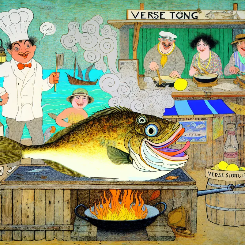 Vrolijke cartoonachtige platvis (tong) op houten toonbank in gezellige kustrestaurant of viskraam, omringd door kok en ober met nautische details