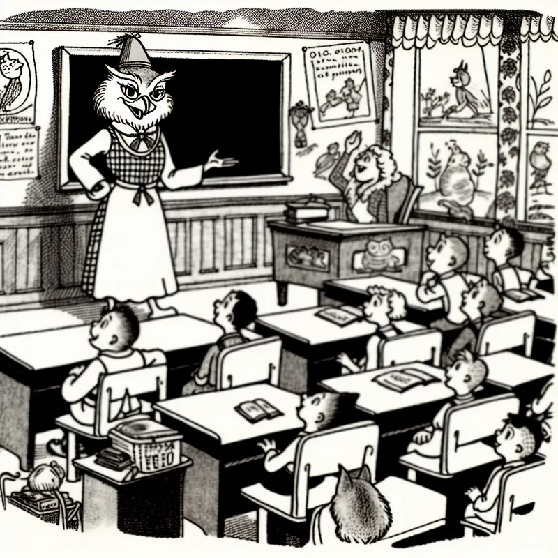Cartoon van een dierlijke lerares in een klaslokaal in Toonder-stijl