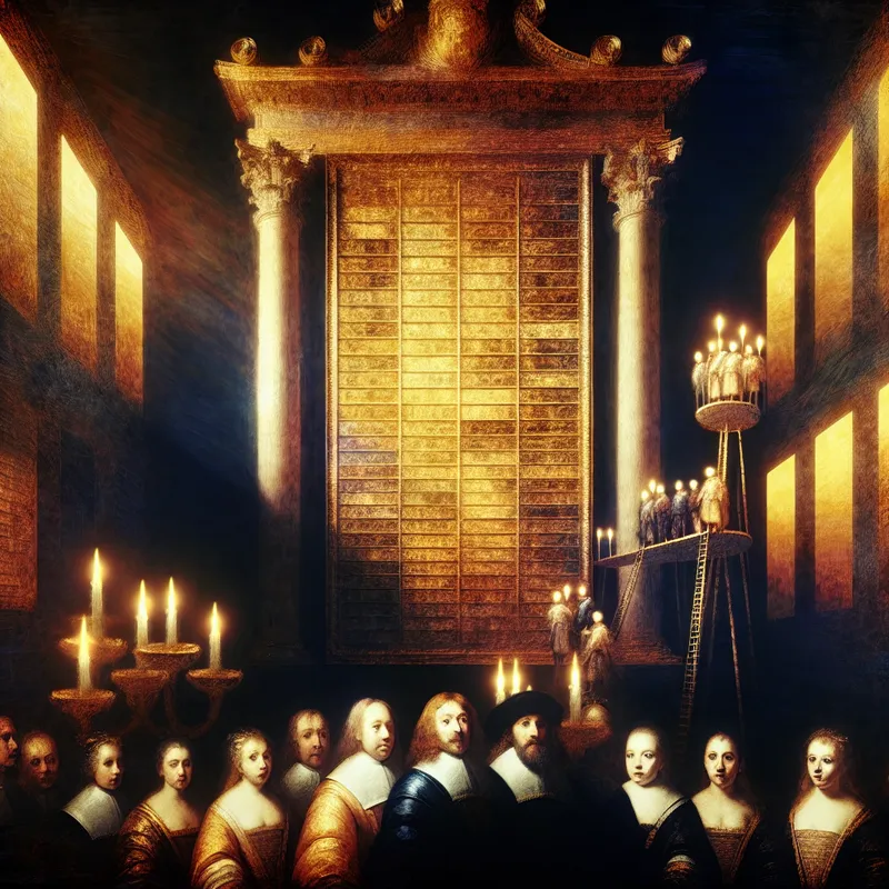 Grote, kaarsverlichte ranglijst in Rembrandt-stijl met trots geklede figuren op de hoogste posities, omringd door bewonderende blikken