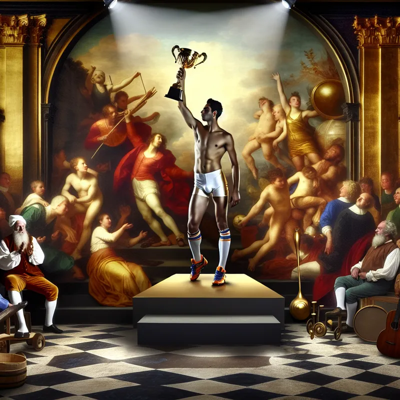 Barokke voorstelling van een triomferende atleet op een podium met een gouden trofee, omringd door juichende bewonderaars, symboliserend uitzonderlijk talent in sport, muziek of werk
