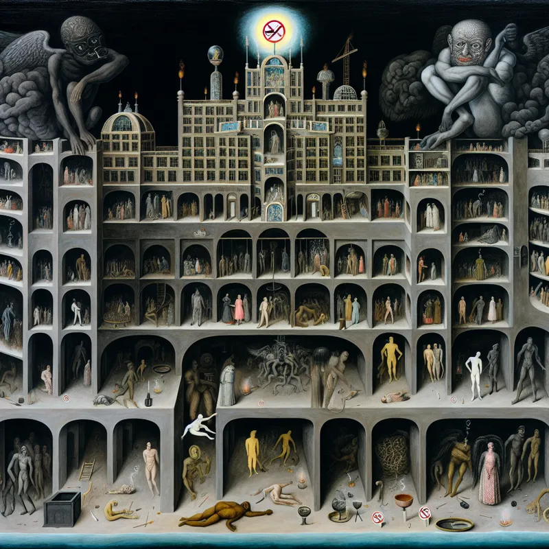 Surrealistisch tafereel in de stijl van Hieronymus Bosch van een groot fantastisch gebouw waar niemand rookt, met een reusachtig gloeiend 'verboden te roken'-symbool erboven