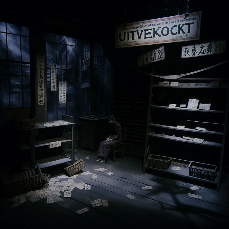 Donkere, symbolische illustratie van een lege winkel met kale schappen en rekken, een 'UITVERKOCHT' bord en een vermoeide winkelier, in gothic-stijl