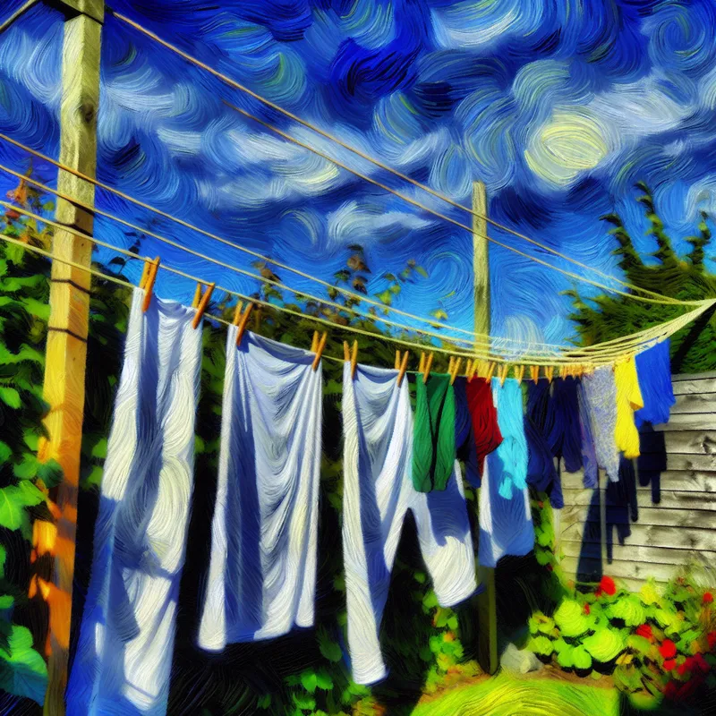 Wasmiddag in Van Gogh-stijl met kleurrijke kleding aan een touw tussen houten palen in een zonnige tuin