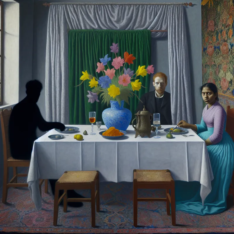 Een stel aan een mooi gedekte tafel, zichtbaar ongemakkelijk met verwelkte bloemen, symboliserend een toxische relatie, met een schaduw die hen omringt.