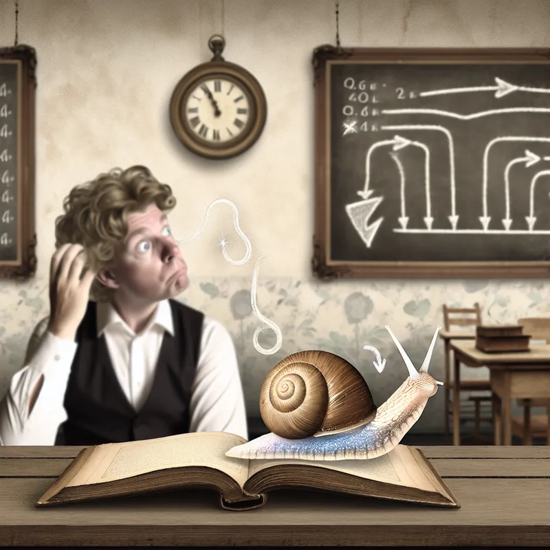 Illustratie van een persoon die verward naar een slak kijkt die over een open boek kruipt, symboliserend voor 'traag van begrip' in een nostalgische Anton Pieck-stijl