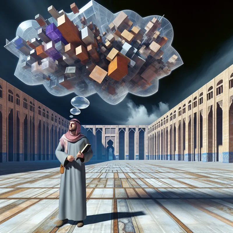 Persoon in surrealistische stad kijkt verward naar een omgekeerde handleiding, met complexe gedachten over eenvoudige taken in een gedachtewolk