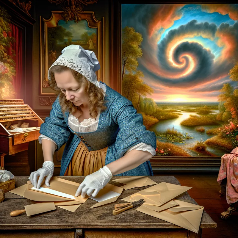 Persoon in traditionele kleding vouwt en sluit enveloppen aan een rustieke houten tafel, verlicht door een warme gloed.