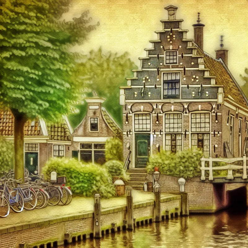 Pittoreske Nederlandse gracht met traditioneel huis, fietsen en groen