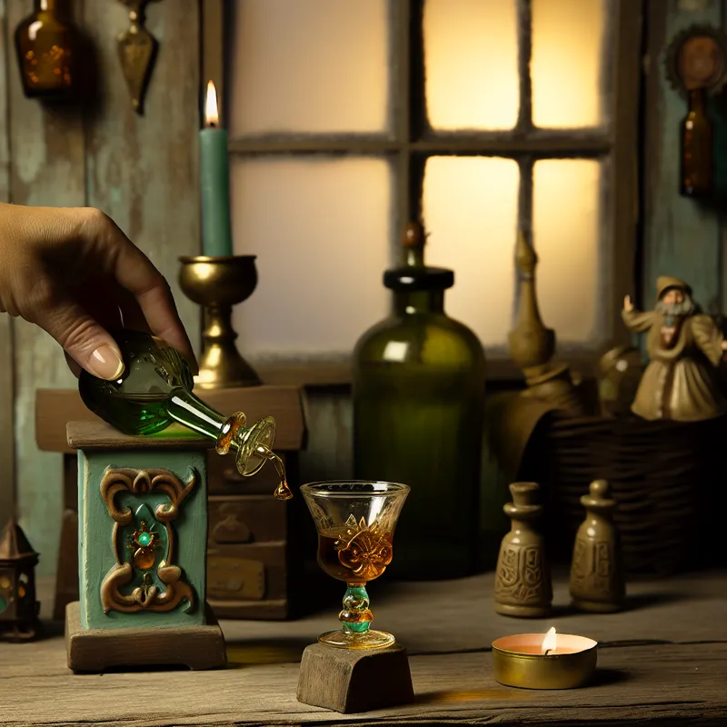 Klein glaasje jenever dat wordt ingeschonken uit een klassieke groene fles in een nostalgische Nederlandse kroegsfeer