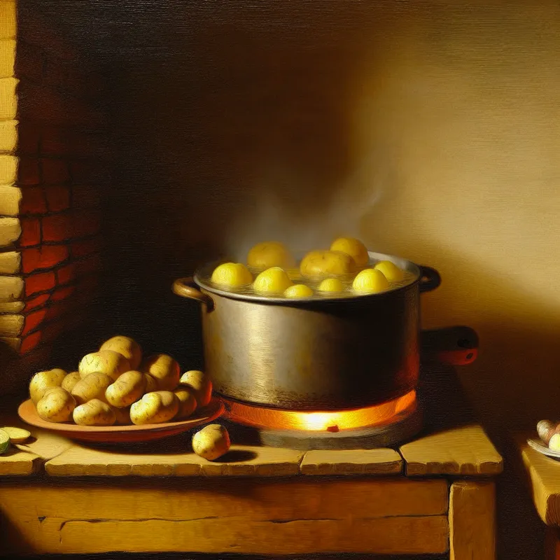 Gezellige Brabantse keuken met grote ijzeren pot waarin gekookte aardappelen borrelen op een houtkachel, omringd door een eenvoudige maaltijd met groenten en vlees op een houten tafel