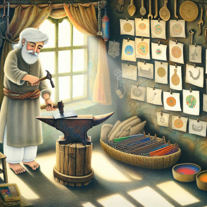 Een oudere ambachtsman met een glimlach werkt aan een stuk metaal op zijn verven anvil in een sfeervolle werkplaats vol gereedschap en kleurrijke verf.