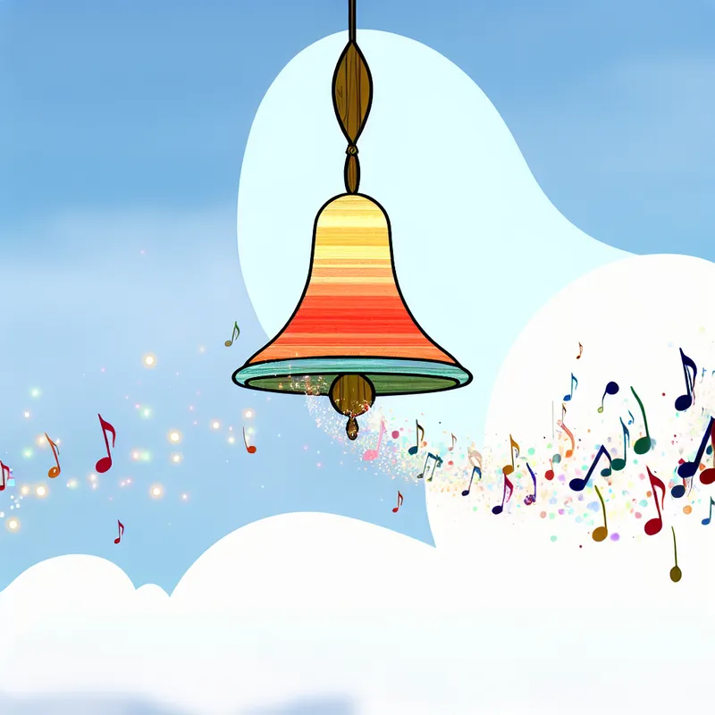 Minimalistische illustratie van een traditionele bel die zachtjes wappert in de wind, omringd door kleurrijke muzieknoten.