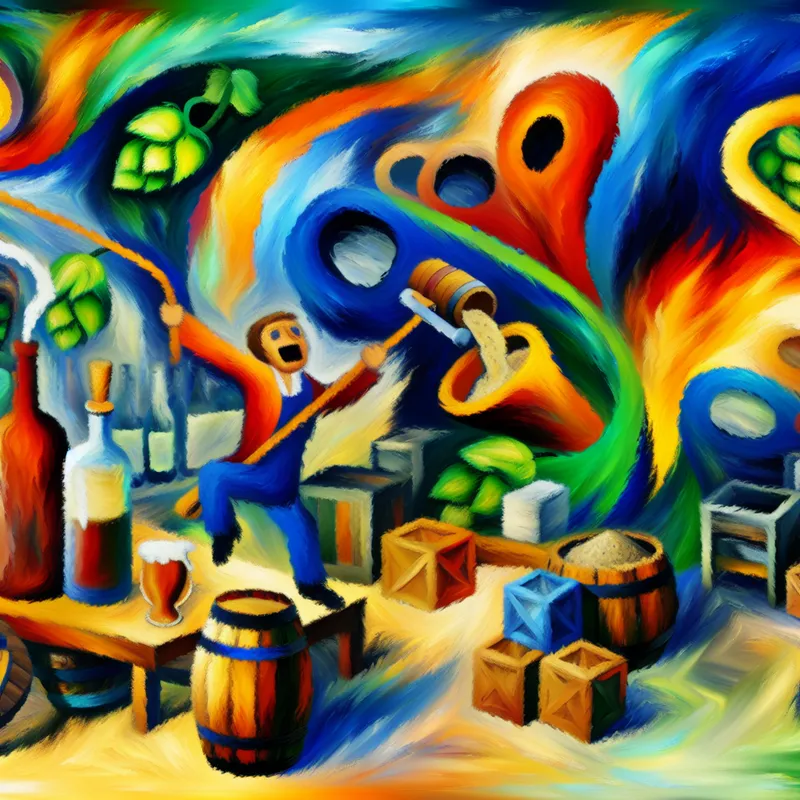 Een enthousiaste brouwer giet mout in een grote brouwketel omringd door kleurrijke ingrediënten zoals hop en graan.