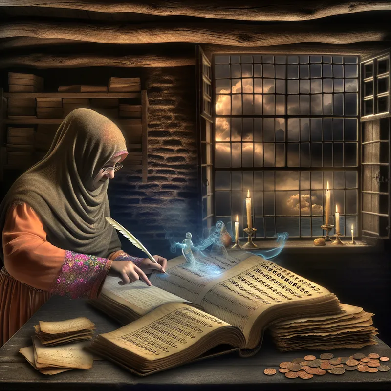 Accountant boekt in grootboek met ganzenveer bij kaarslicht