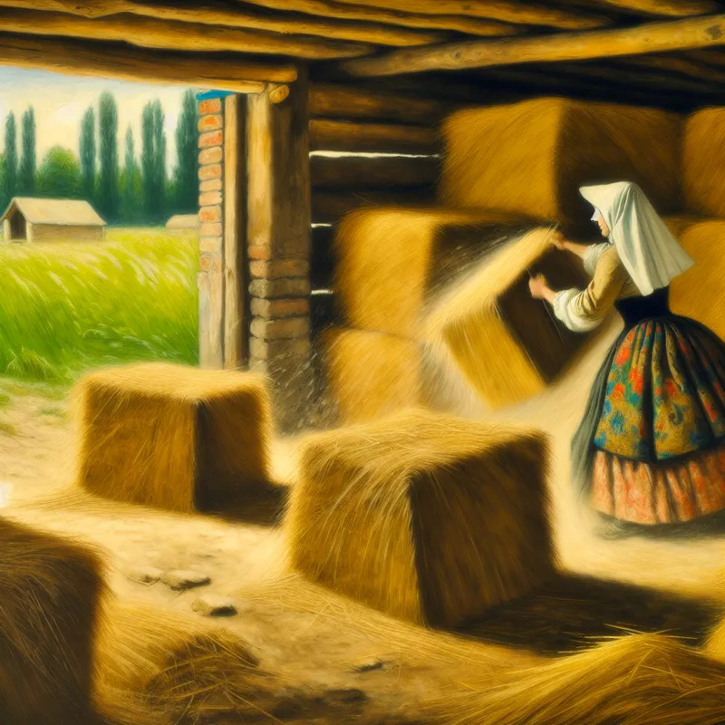 Een boer in traditionele 17de-eeuwse kleding stapelt baaltjes hooi in een schuur terwijl zonlicht naar binnen stroomt.