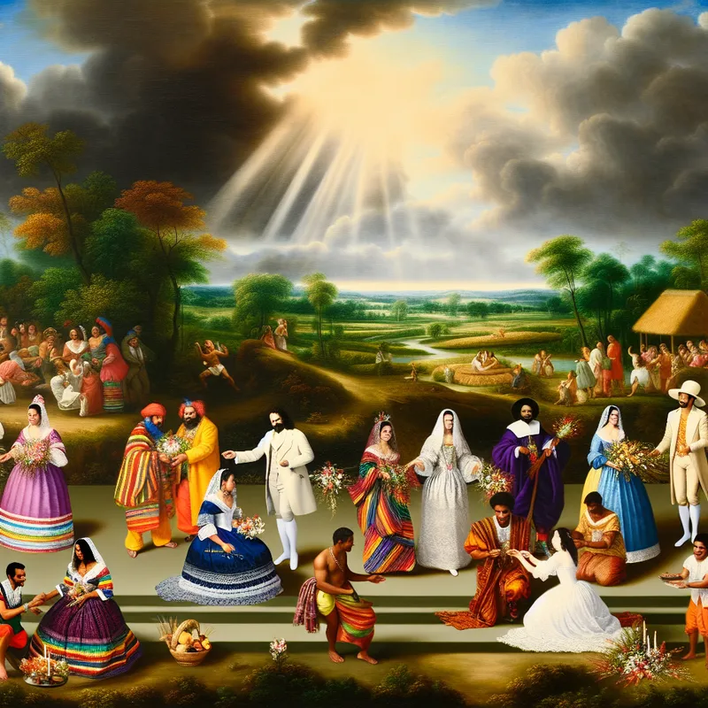 Vibrante bruiloftscene met multiculturele, traditionele kleding en ceremoniële rituelen zoals het uitwisselen van bloemen en dansen.