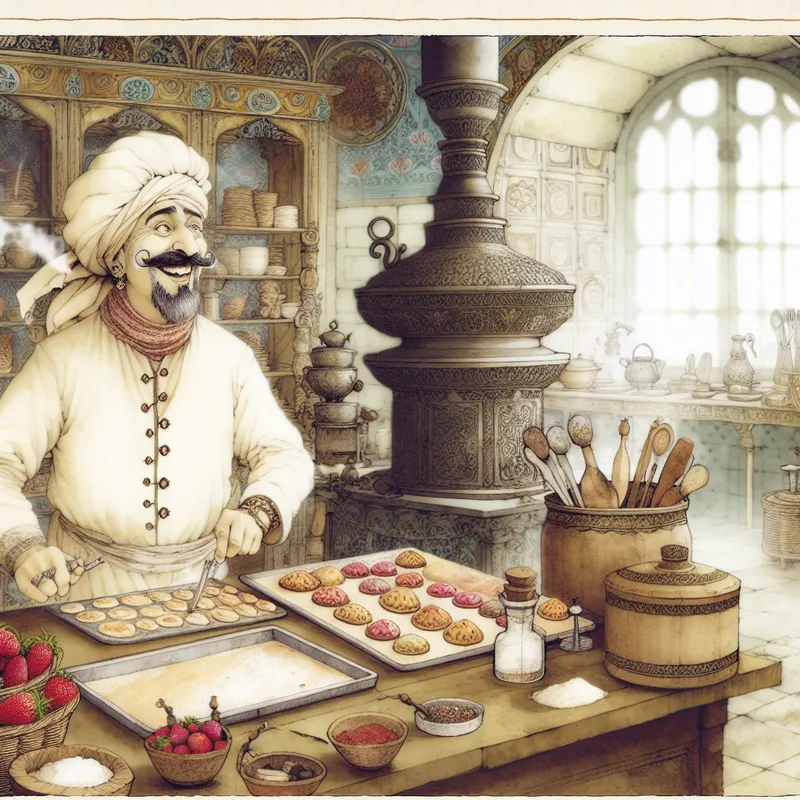 Een blije chef-kok die traditionele Franse gebakjes maakt in een vintage keuken omringd door verse ingrediënten.