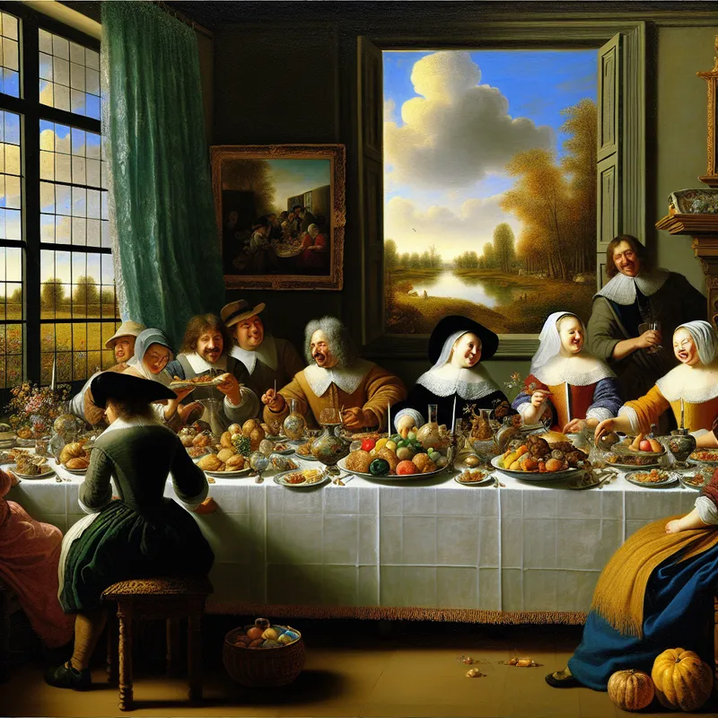 Familie maaltijd tafereel in landelijke eetkamer met Jacob van Ruisdael landschap