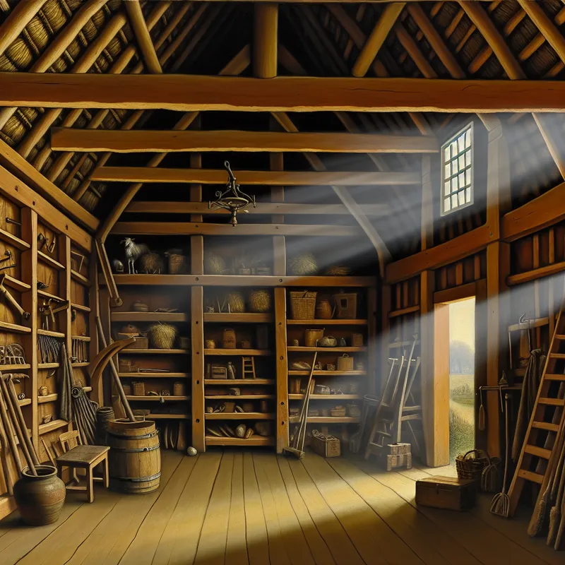 Een traditionele koog op een boerderij, ingericht als opslagruimte voor gereedschap, met rustieke planken en zonlicht dat via een klein raam naar binnen valt.