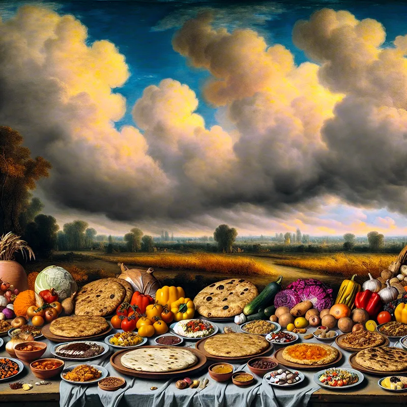 Een rustieke Latijns-Amerikaanse keuken met een houten tafel vol tortillas en kleurrijke ingrediënten.