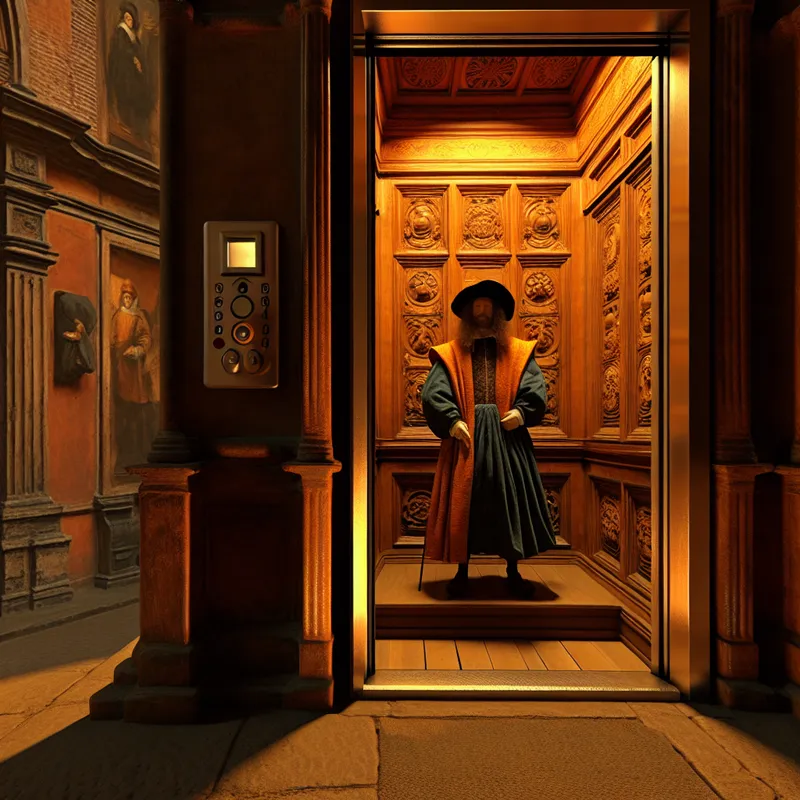 Een traditionele, rijk versierde lift in een historisch gebouw met een figuur in historische kleding.