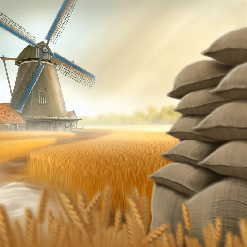 Traditionele Nederlandse molen maalt graan tot meel, omringd door gouden velden en zakken met vers gemalen bloem.