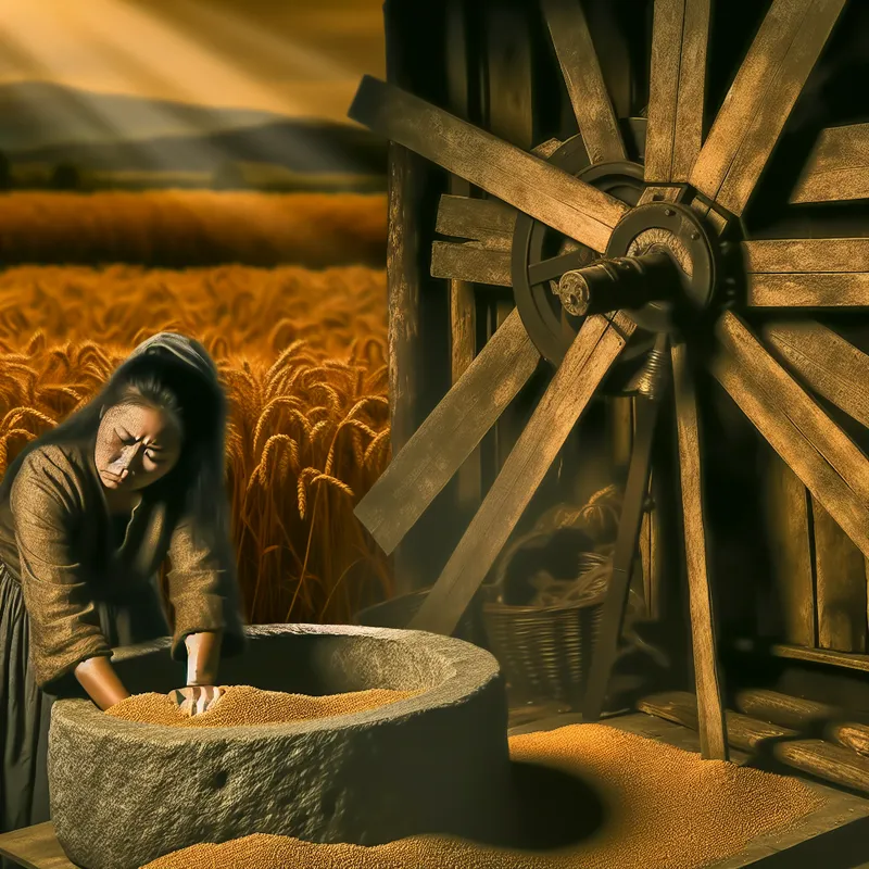 Een meun maalt granen met een grote, robuuste molensteen in een traditionele molen, omgeven door goudkleurige velden.